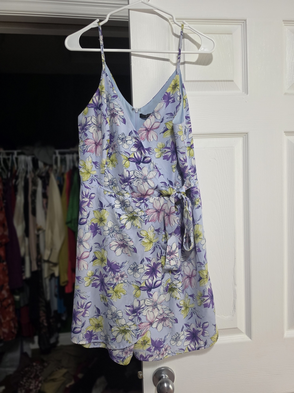 19 Cooper Pastel Blue Floral Slip Dress with Purple & Yellow Blooms